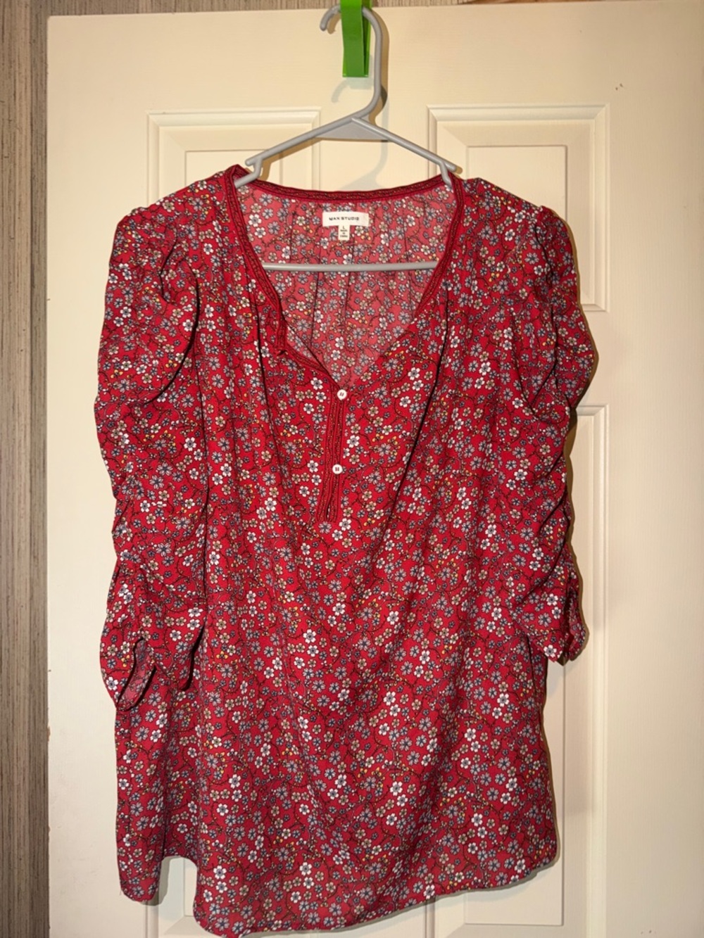 Max Studio Red Floral Button-Peasant Blouse